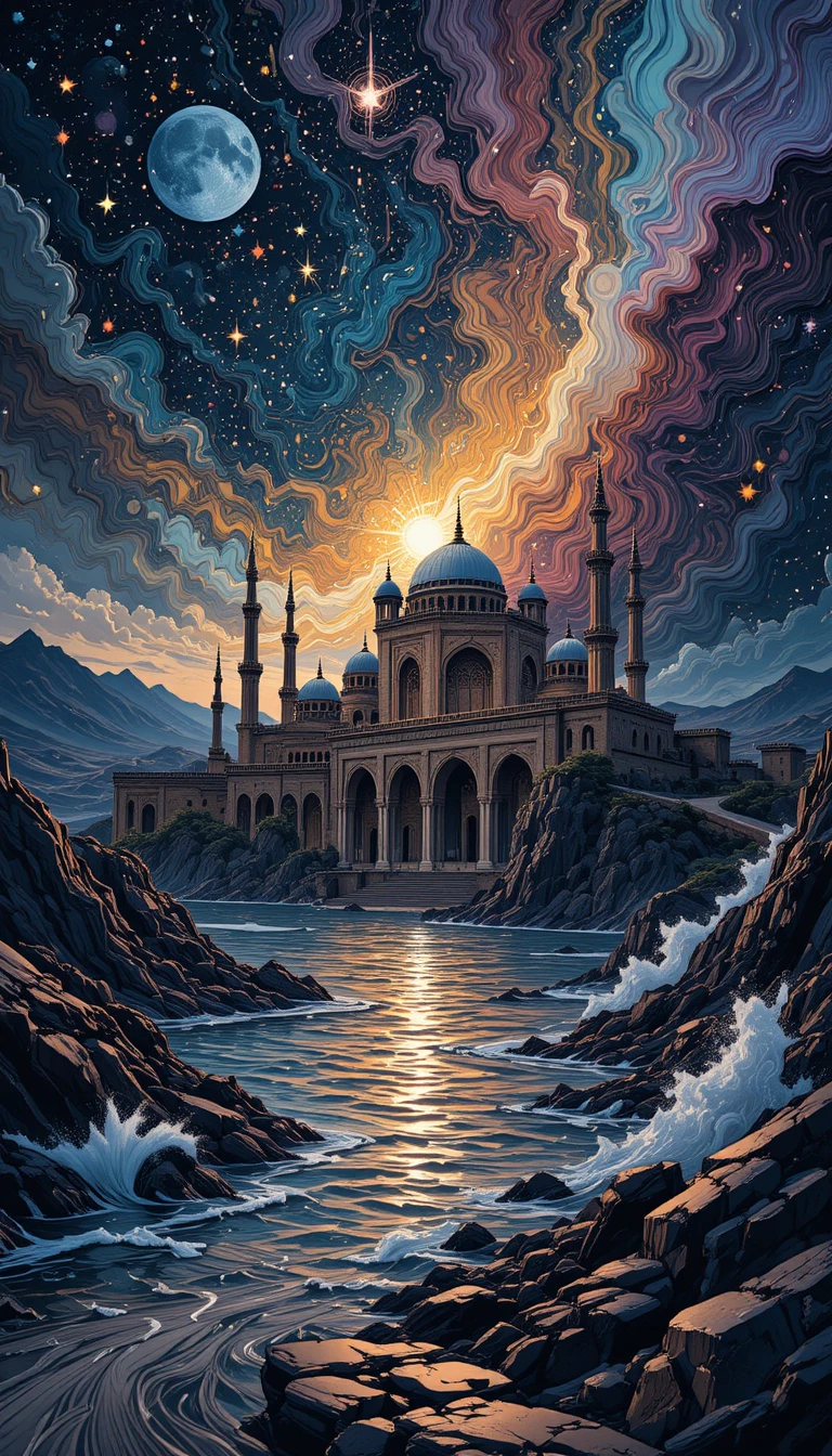 Paisagem marinha abstrata em linhas com arquitetura inspirada no cosmos