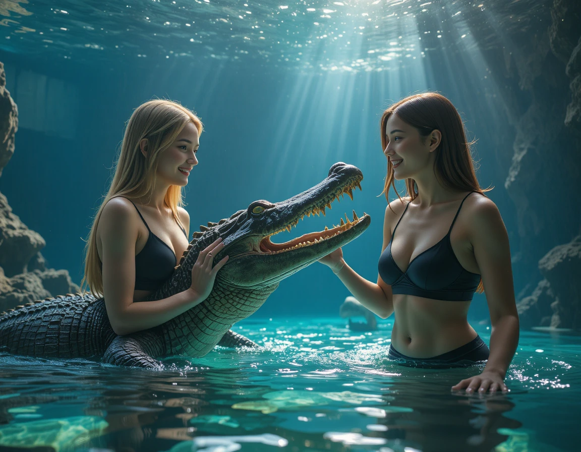Due donne in costume da bagno accanto al vetro di un acquario di coccodrilli