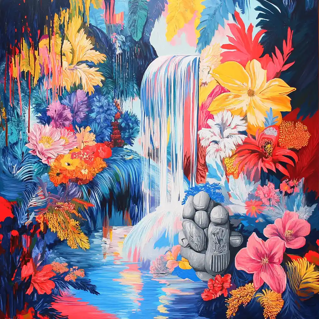 Vibrant 3D jungle waterfall flowing from a vase