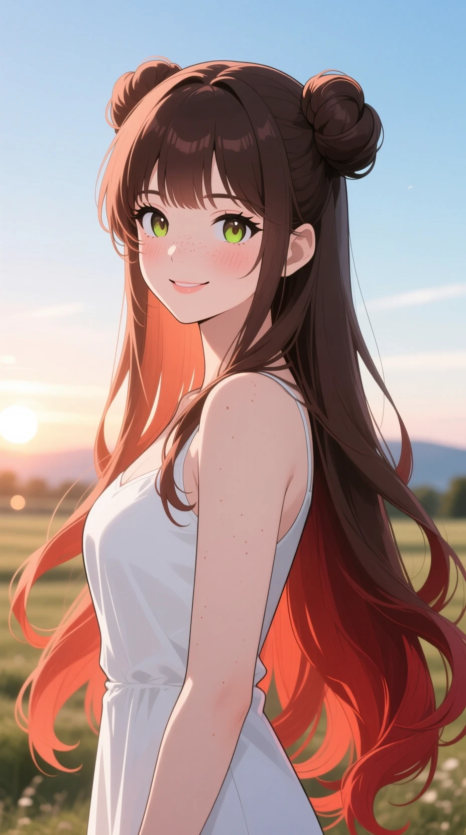 寧靜景色中迎接日出的動漫少女