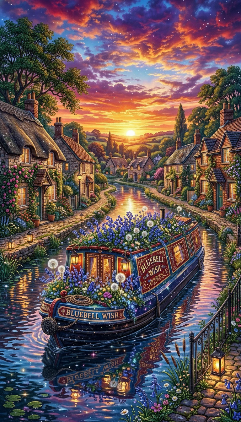 Barco de canal onírico com flores ao pôr do sol colorido