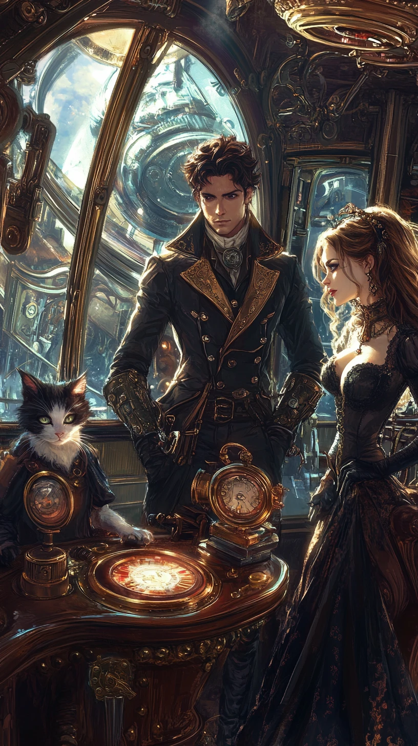 Steampunk-Luftschiffbrücke mit Besatzung und verspielter Katze