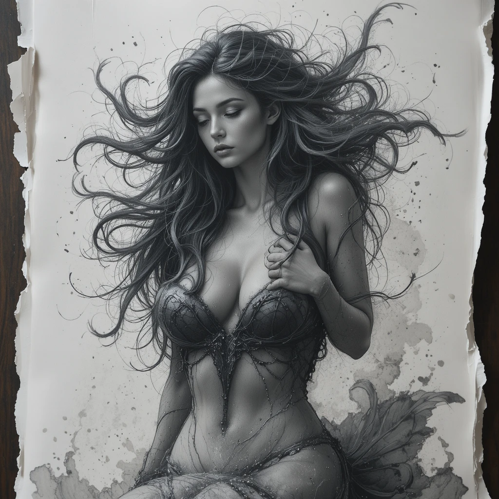 Retrato de sereia em carvão se fundindo a uma realidade vívida