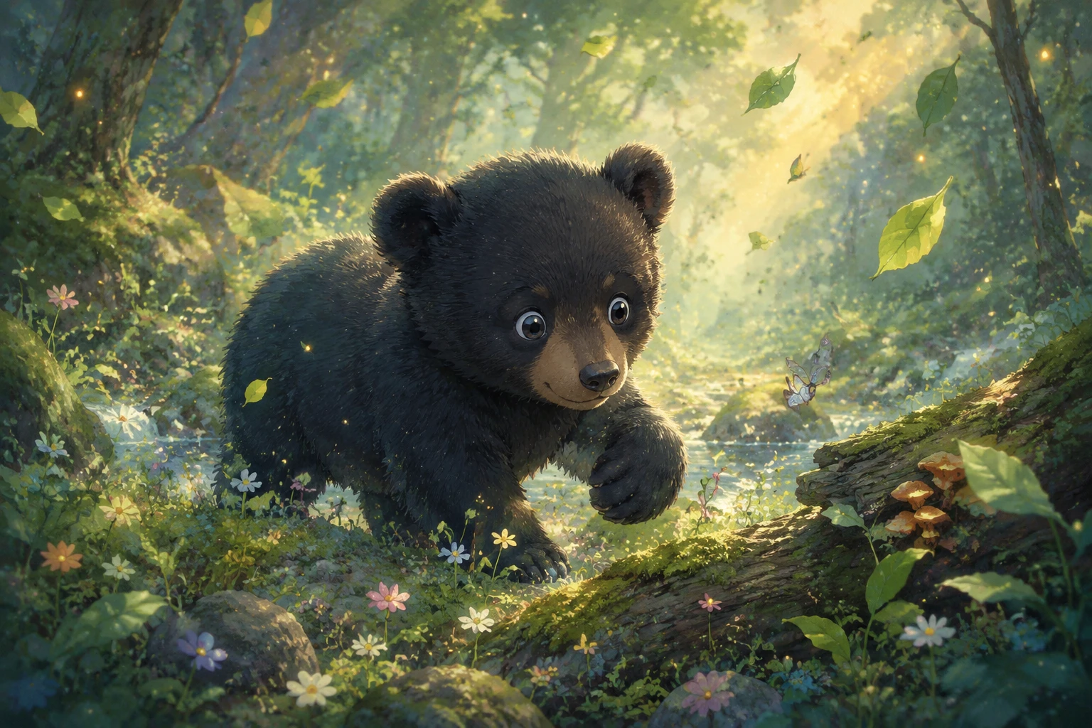 Cucciolo di orso che esplora una foresta soleggiata disegnata a mano