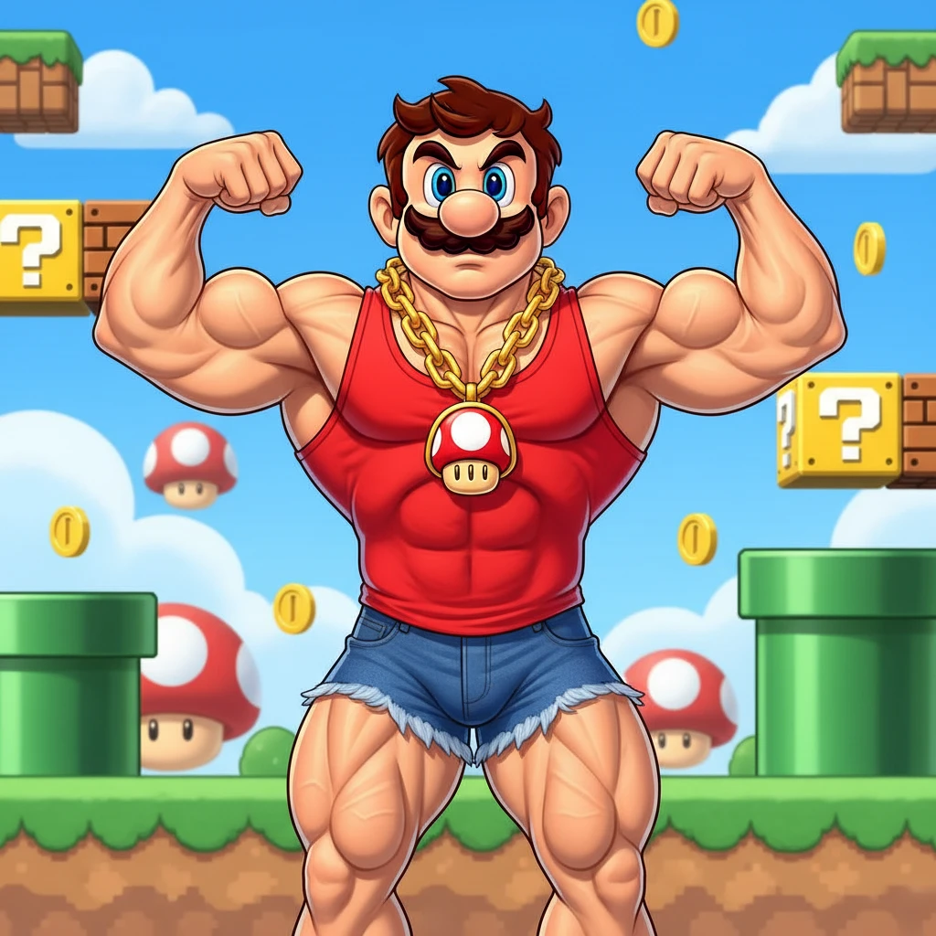 Homem musculoso em estilo Mario flexionando em mundo de jogo colorido