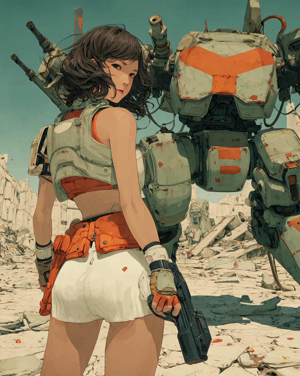Mulher anime sci-fi com mecha sob o sol intenso do deserto
