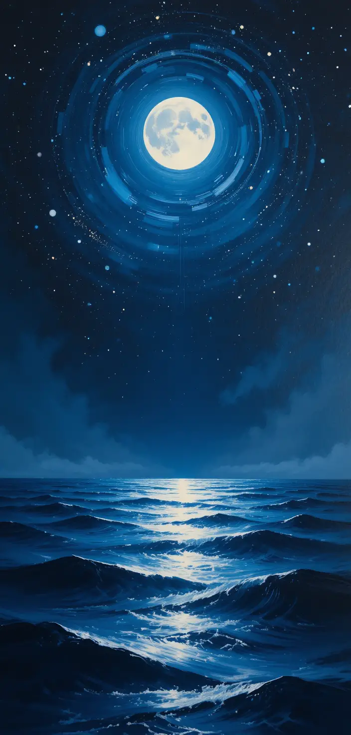 月明かりの海と星空に浮かぶネイビーのカリグラフィー