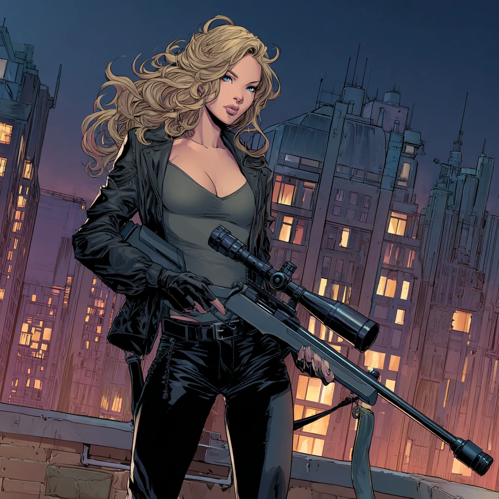 Blonde female spy on a rooftop with sniper rifle
