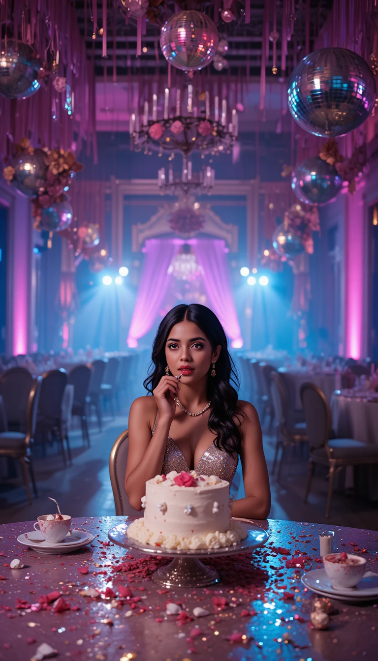 Lonely woman in empty wedding hall eating leftover cake