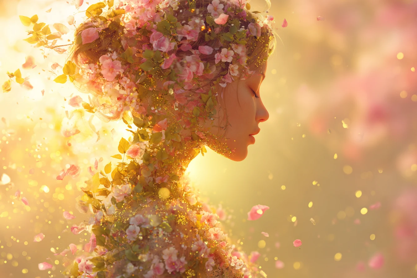 Mulher floral surreal entre flores de primavera e luz de verão