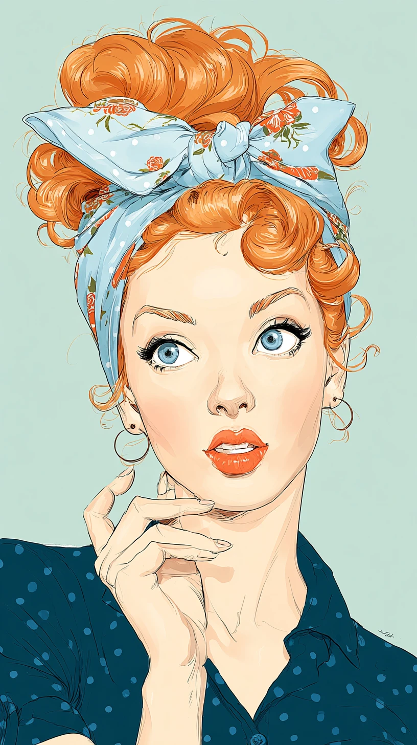 Ritratto vintage di donna dai capelli rossi con foulard blu floreale
