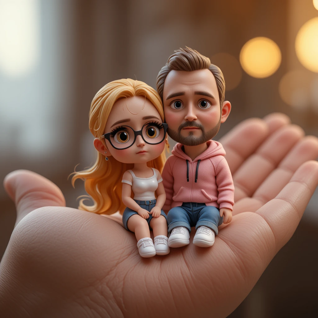 Fofo casal chibi 3D sentado junto na palma da mão