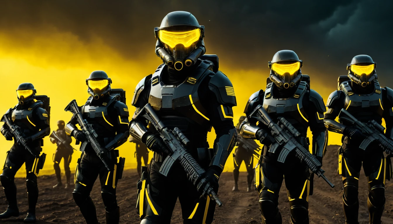 Exército futurista de soldados marchando em um campo de batalha metálico
