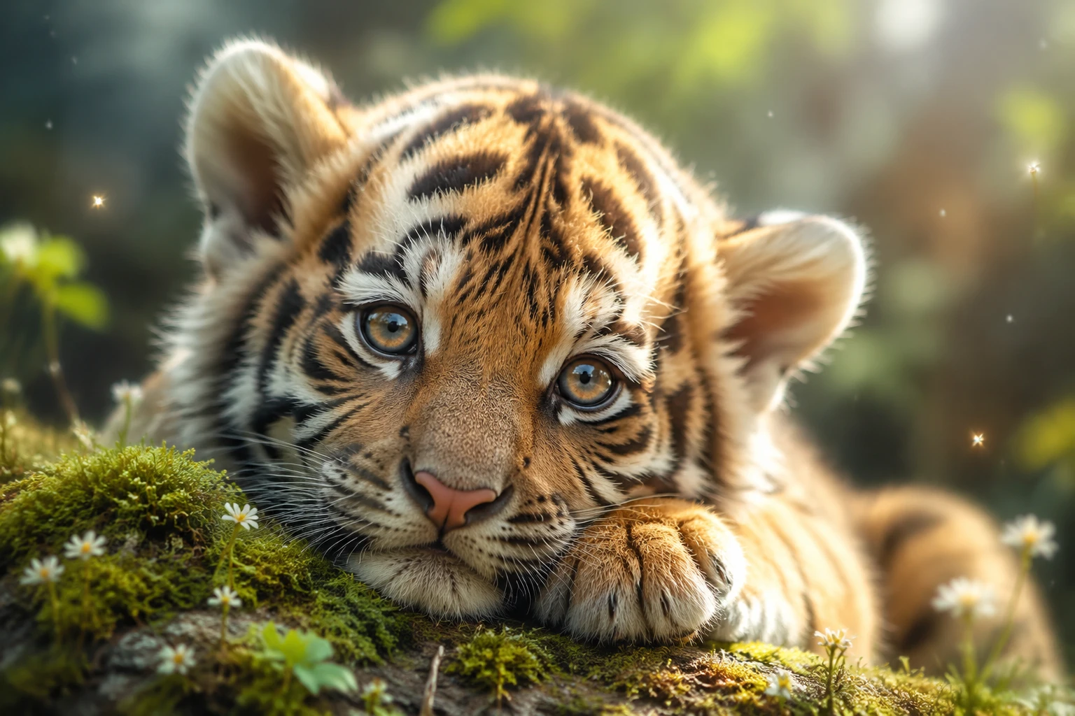Adorable cachorro de tigre descansando sobre musgo a la suave luz del bosque