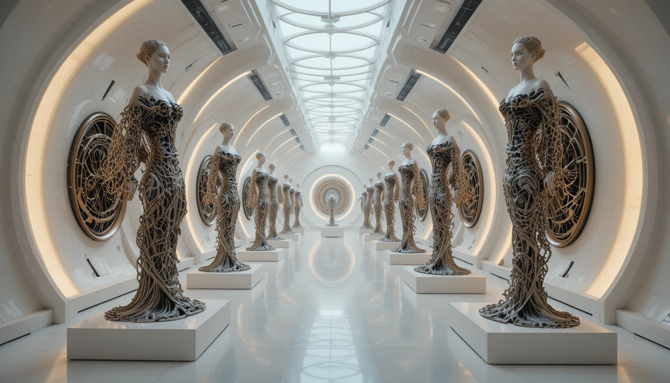 Galleria futuristica di sculture metalliche astratte con pareti luminose