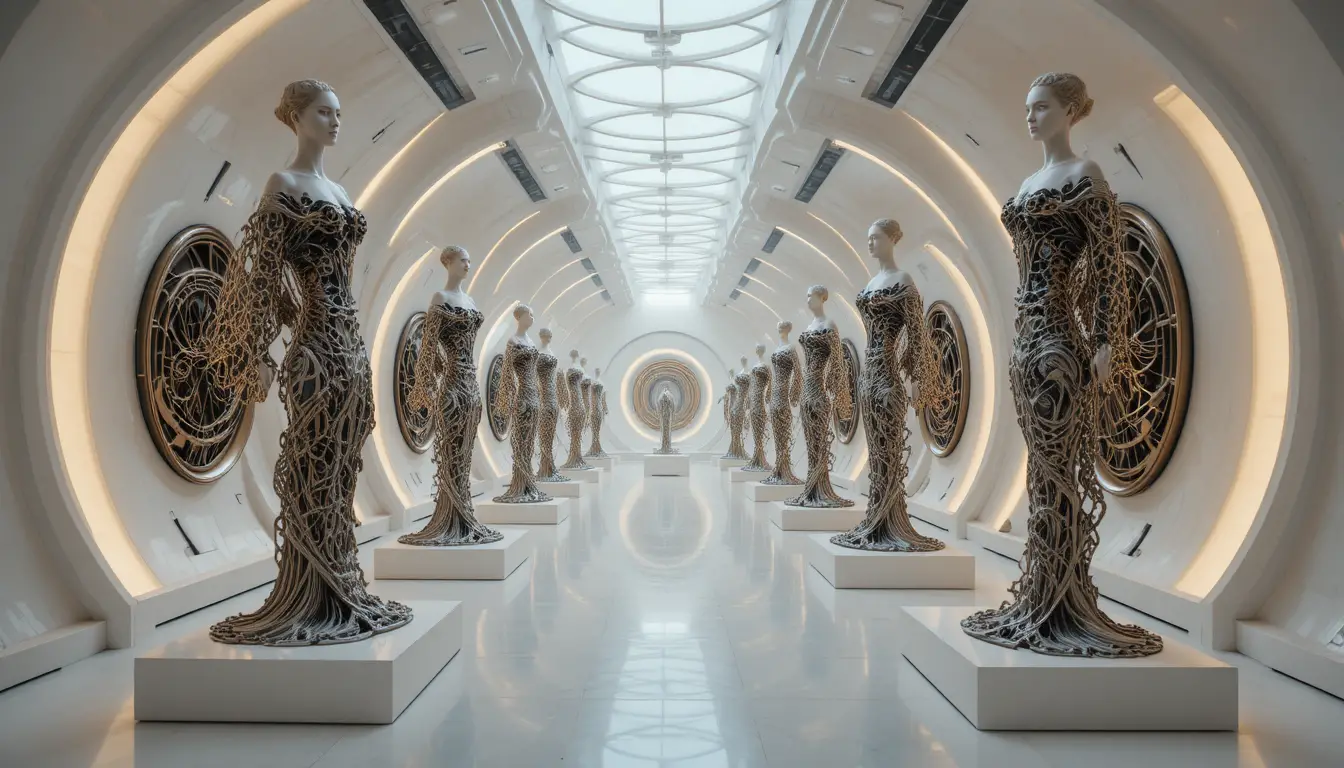Futuristic gallery of abstract metallic sculptures with glowing walls