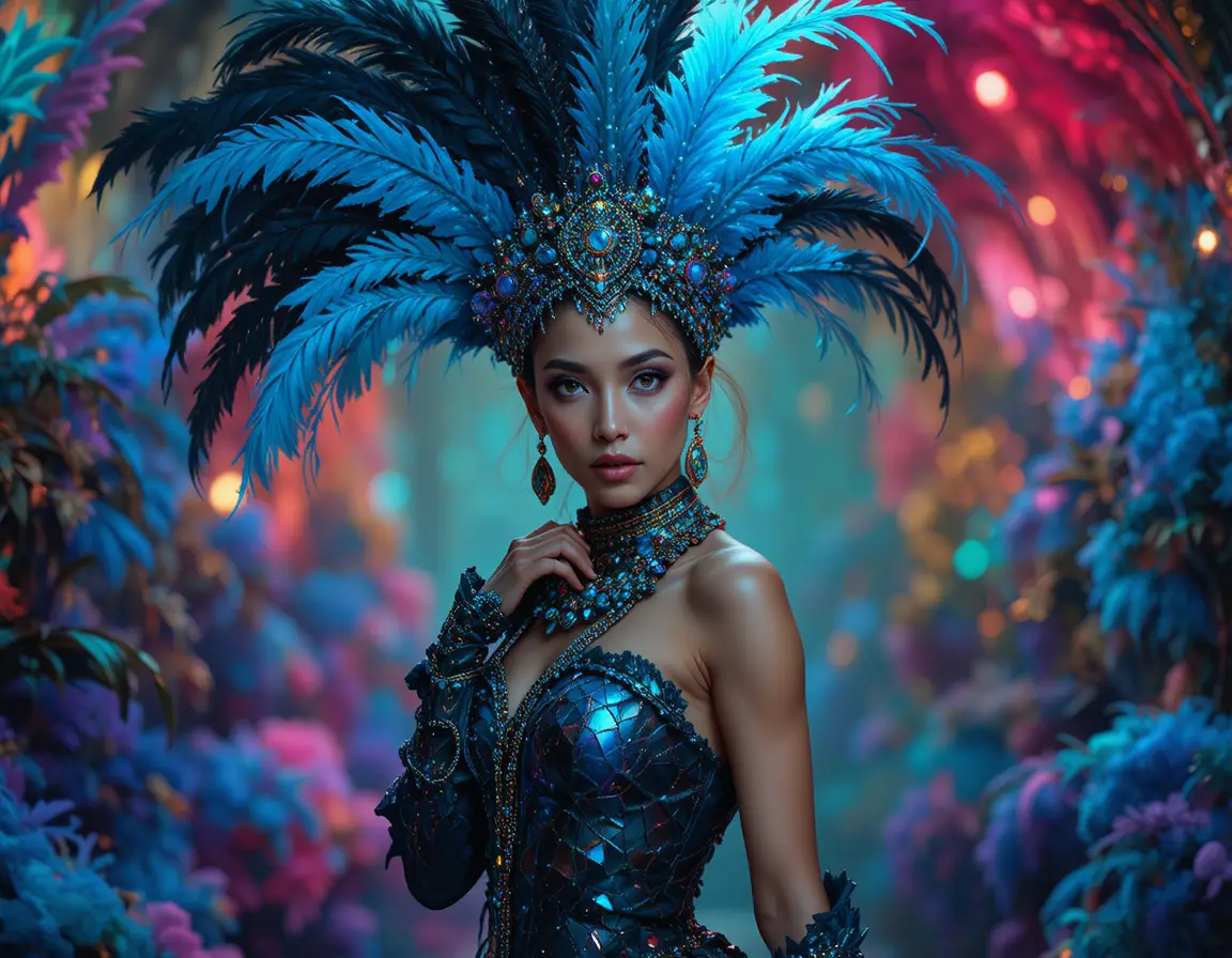 Confident woman in feathered carnival costume with vivid lighting