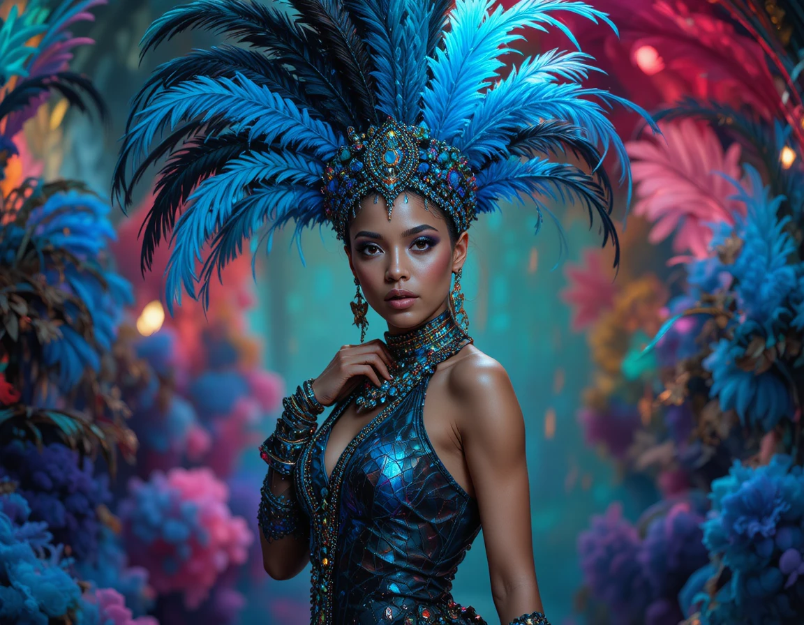 Mulher confiante em fantasia de carnaval com plumas e cores vibrantes