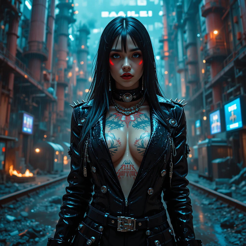 Femme fatale cyberpunk in raffineria industriale bagnata dalla pioggia