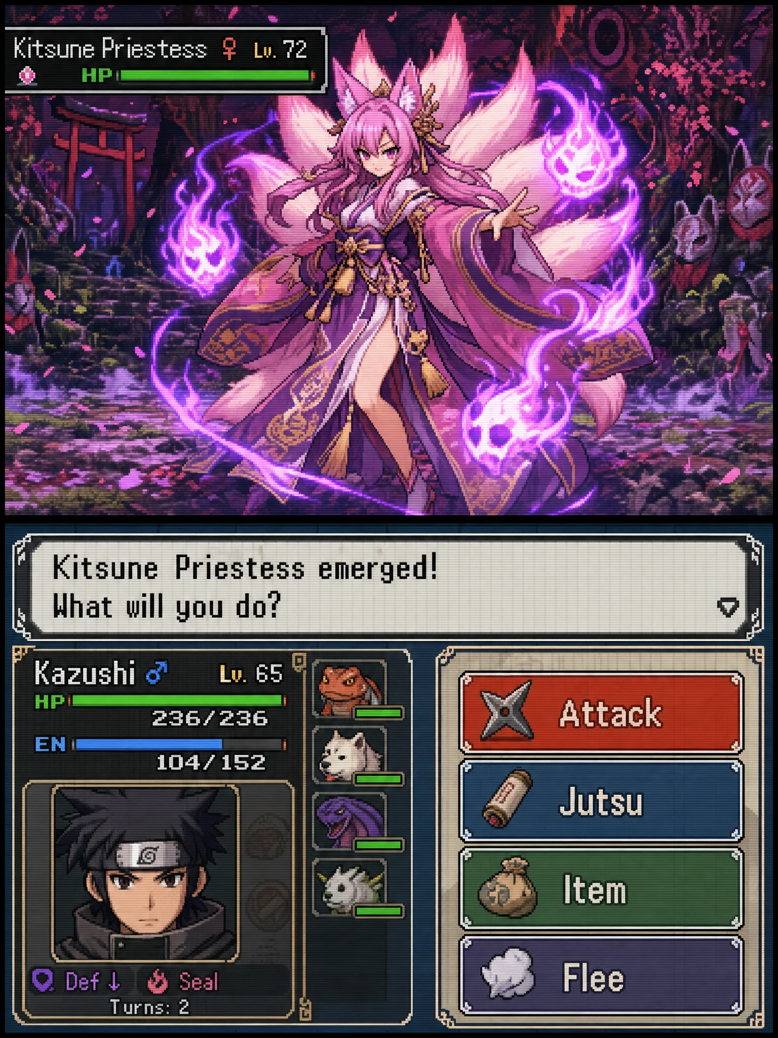 ファンタジー戦士の女性とピクセルアートの戦闘シーン