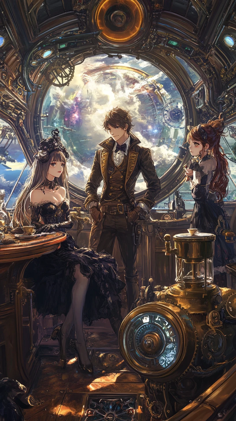 Ponte de dirigível steampunk com capitão e tripulação em estilo anime