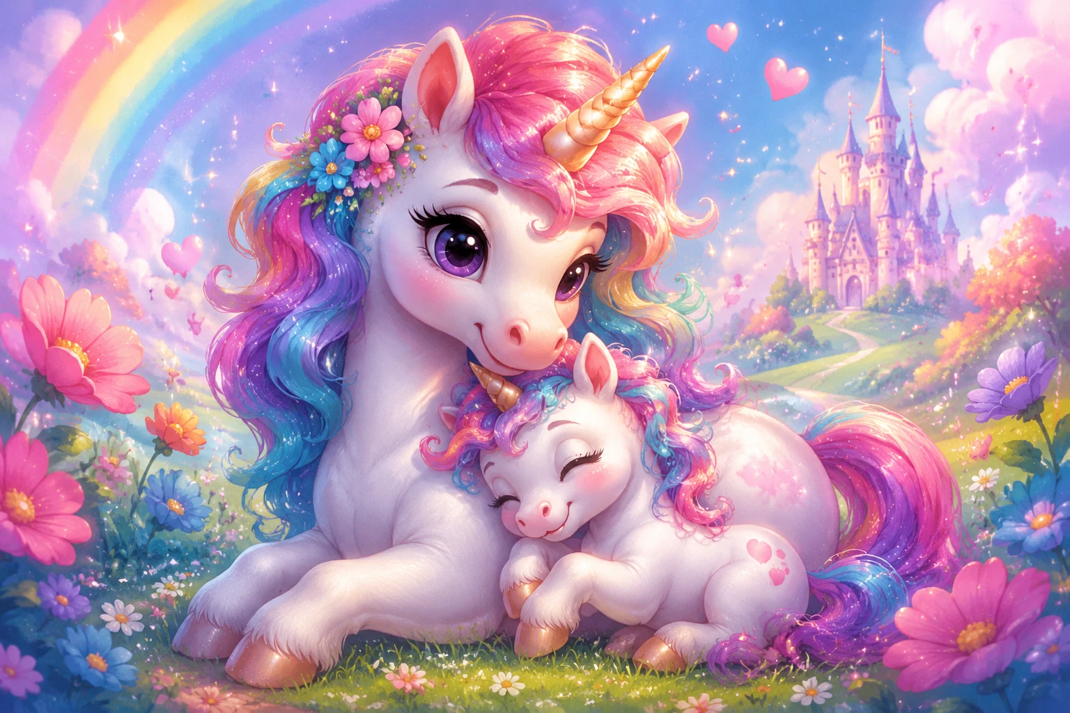 Dolce unicorno neonatino che si coccola con la mamma in un prato pastello