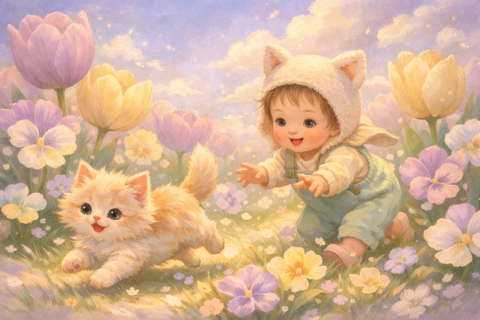 Illustration d’un tout-petit poursuivant un chaton dans un champ de fleurs pastel