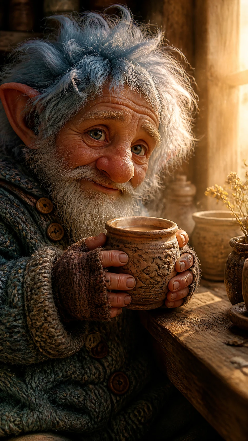 Gnome douillet tenant une tasse en terre cuite fumante près de la fenêtre