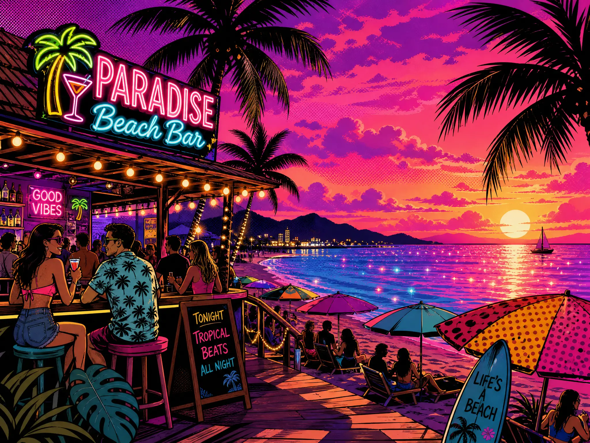 Beach bar tropicale pop art al tramonto colorato