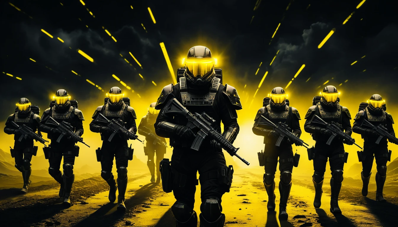 Exército futurista de soldados blindados marchando à noite
