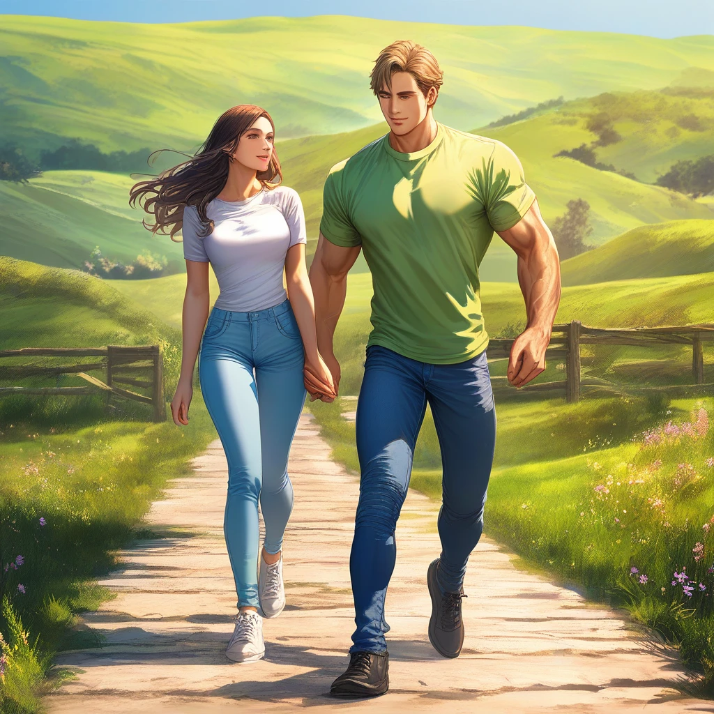 Casal atlético caminhando juntos por uma paisagem verde vibrante