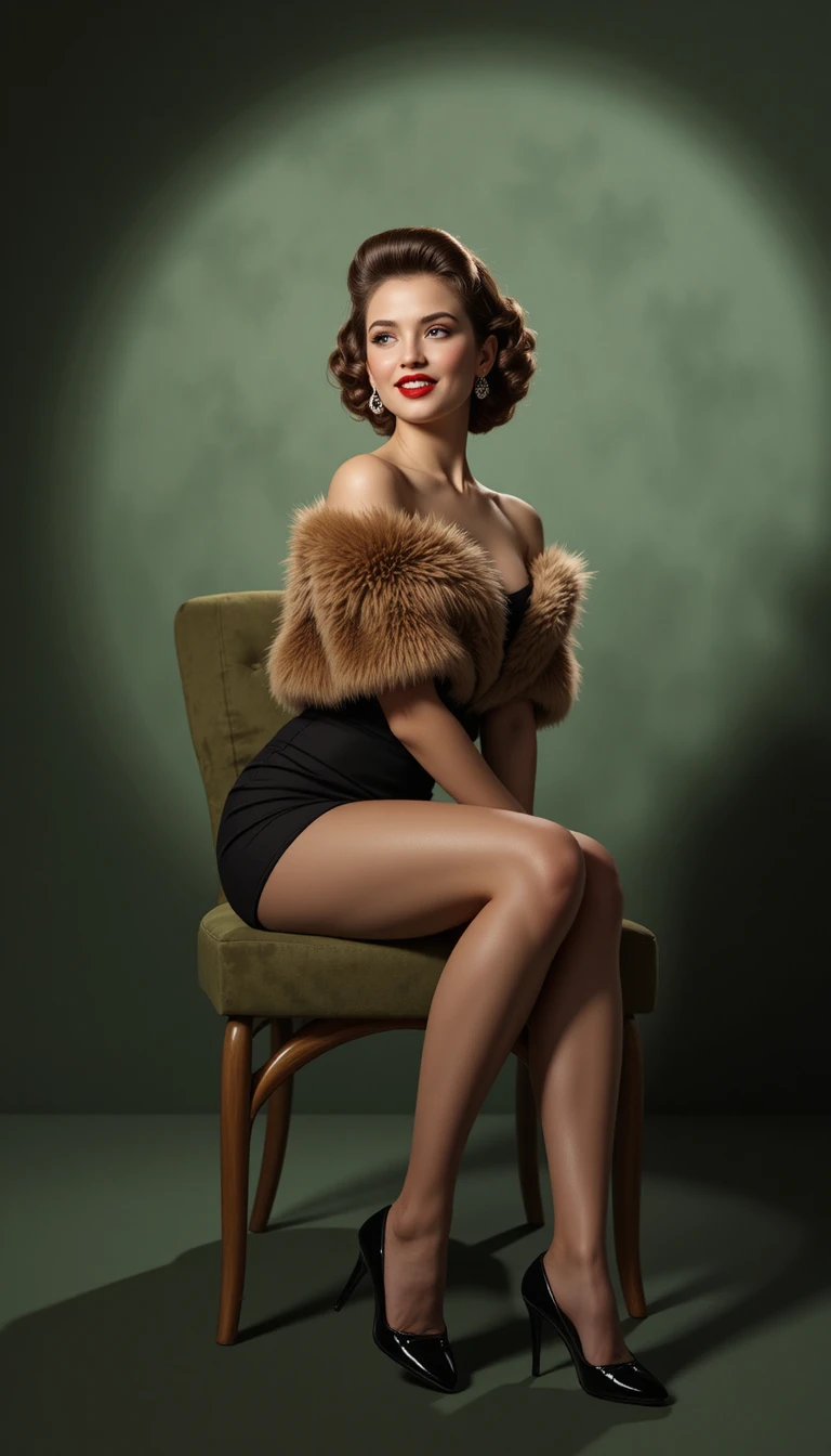 Mulher pin-up vintage em cadeira de veludo verde