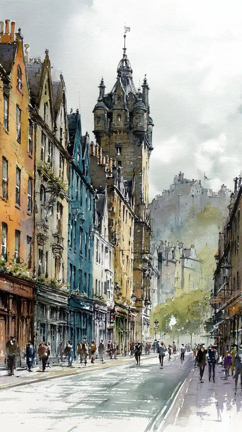 Vista em aquarela da cidade velha de Edimburgo e do castelo no horizonte