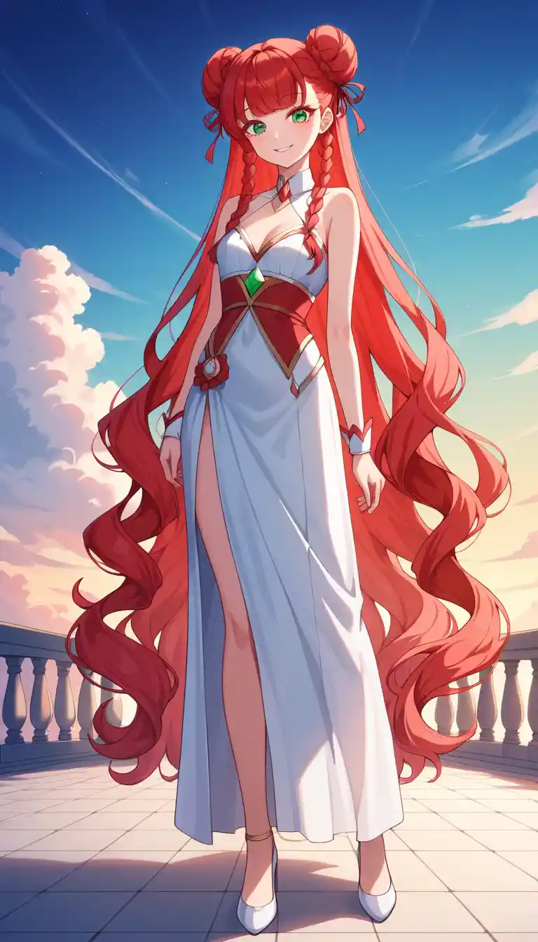 Rothaariges Anime-Mädchen bei Sonnenaufgang in weiter Außenansicht