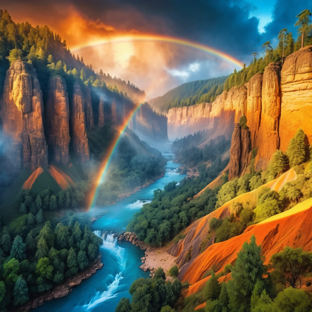 Fantasy canyon sunrise with waterfalls and glowing cliffs