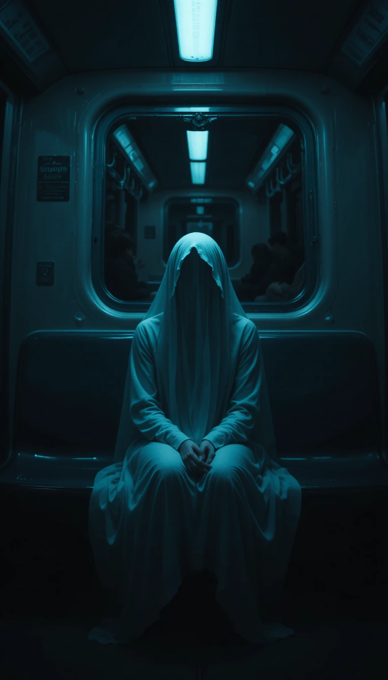 Femme fantomatique assise seule dans une rame de métro sombre