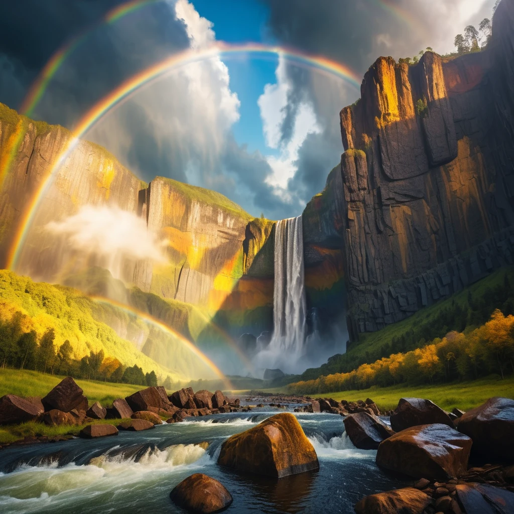 Arcobaleno al sole sopra alte scogliere e cascate