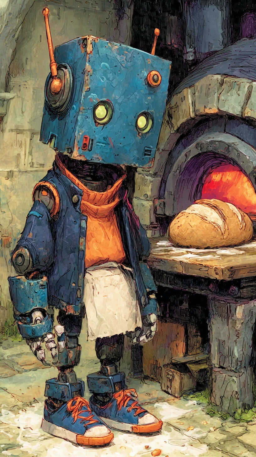 Melancholischer Roboterbäcker knetet Brot in warmer Bäckerei