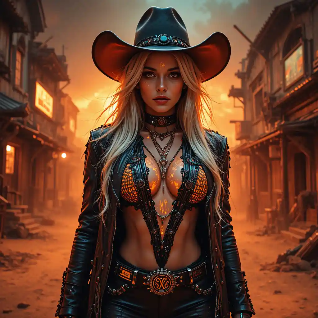 Cyber-Noir-Sheriff-Frau in einer Alien-Wüstensaloon