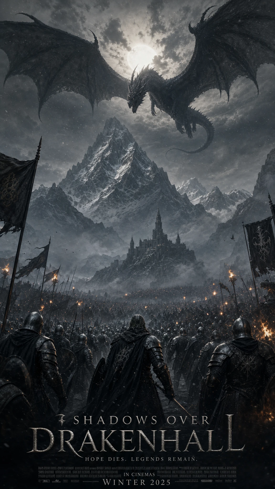 Gigantische Fantasy-Armeen kämpfen unter einem kreisenden schwarzen Drachen
