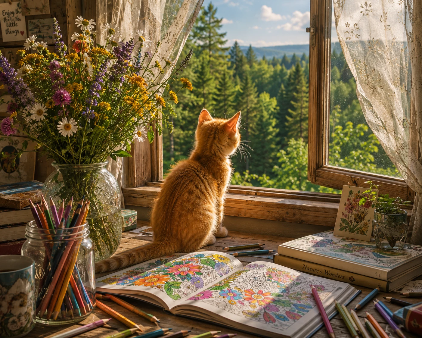 Chaton orange sur un bureau encombré près d’une fenêtre ensoleillée