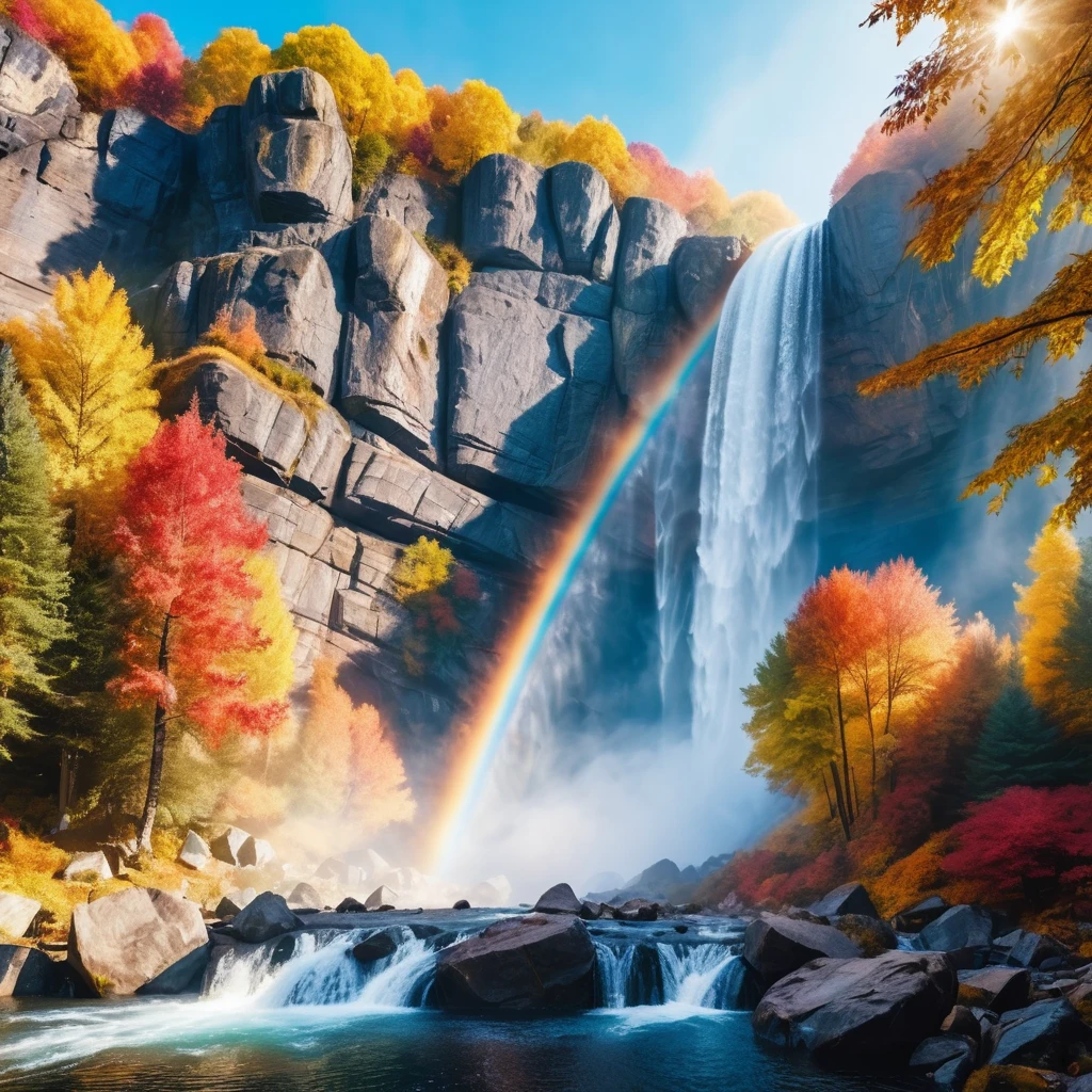 Cascata di montagna con nebbia arcobaleno in una foresta autunnale
