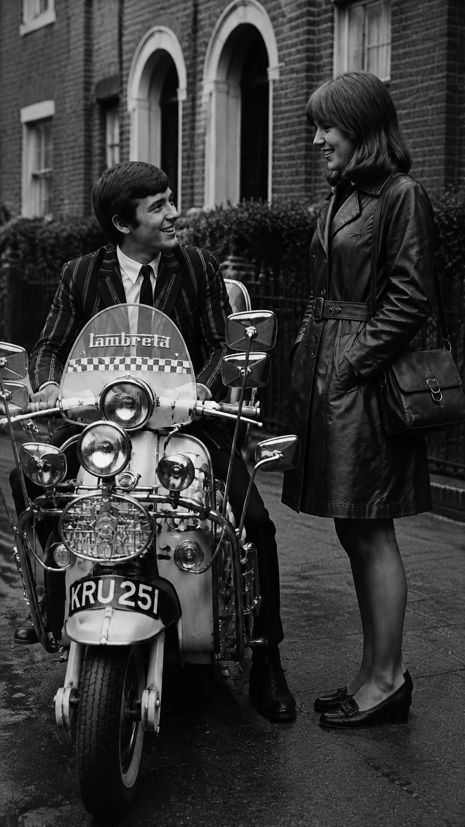 빈티지 도시 거리의 Lambretta 스쿠터를 탄 젊은 커플