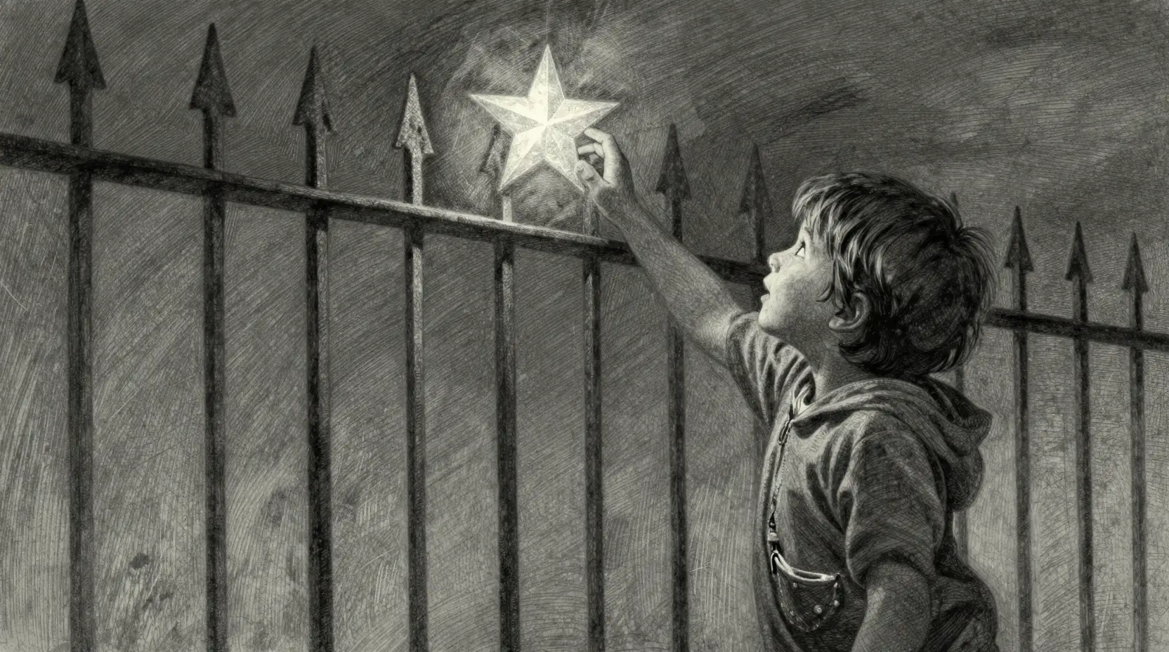 Boy reaching for a distant star beyond an iron fence