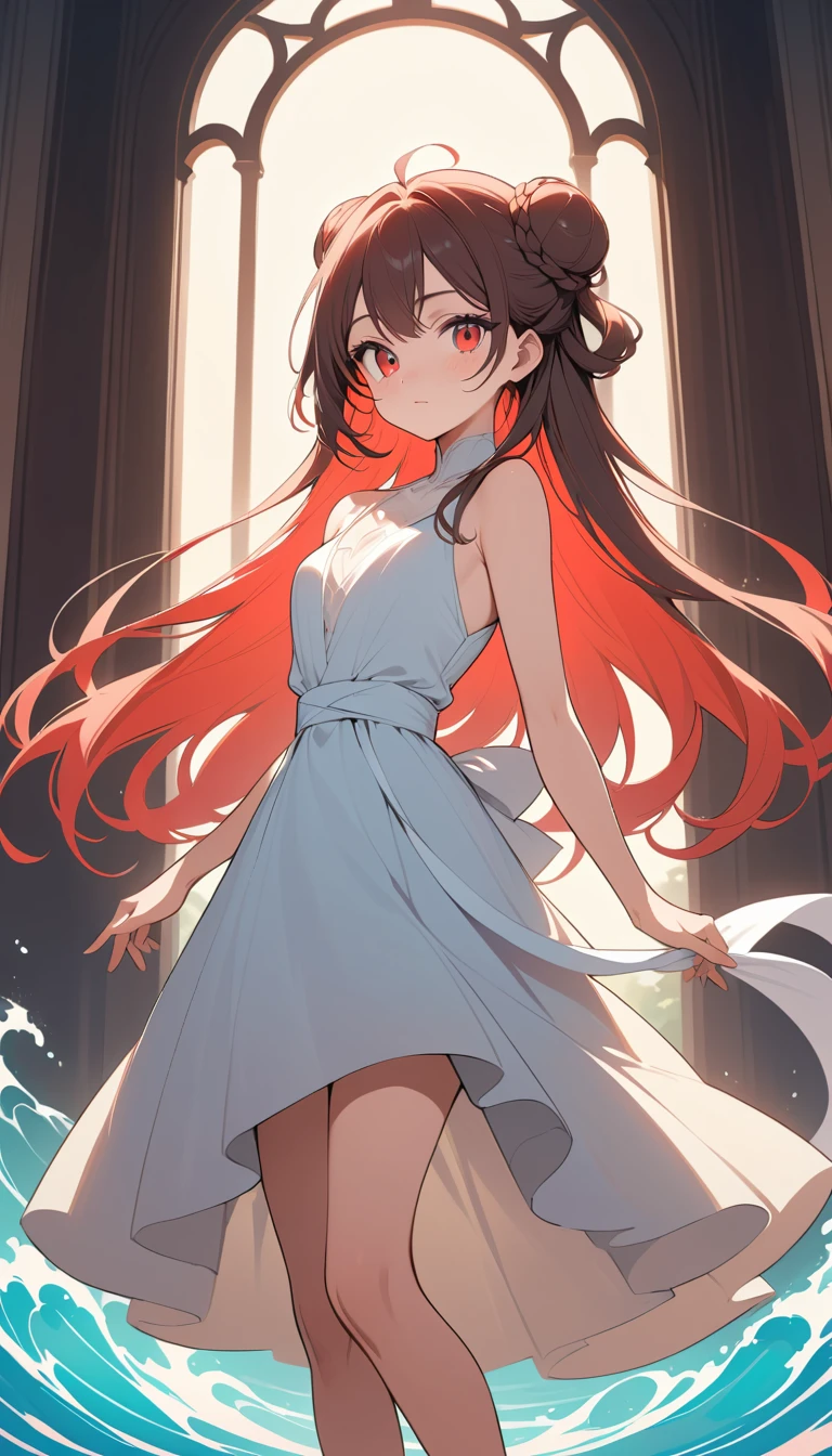 Ragazza anime in piedi all’aperto all’alba in uno scenario naturale