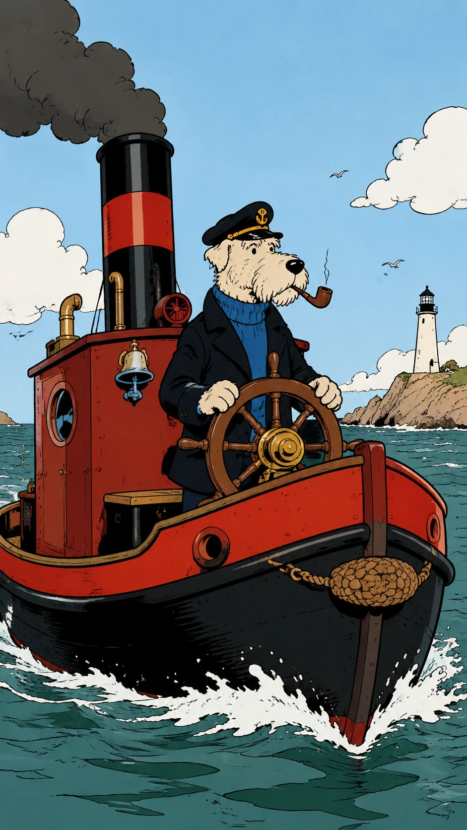 Chien de mer anthropomorphe pilotant un petit bateau à vapeur rouge