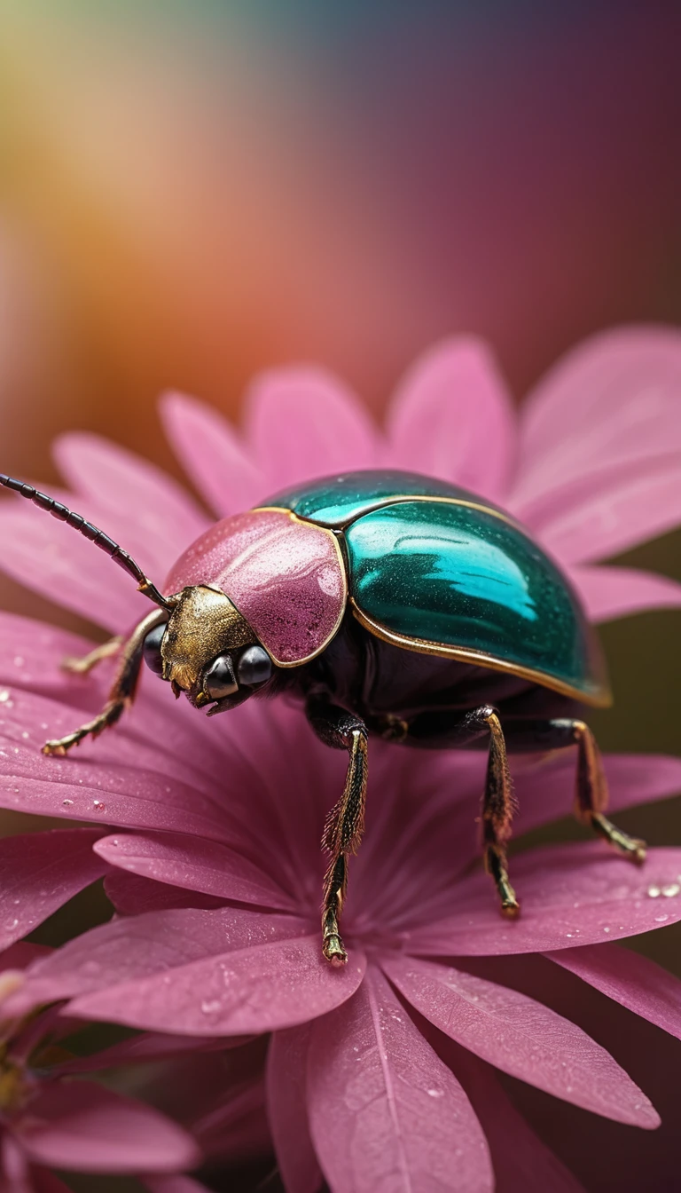 Besouro fantástico cravejado de joias em flores vívidas rosa e amarelas
