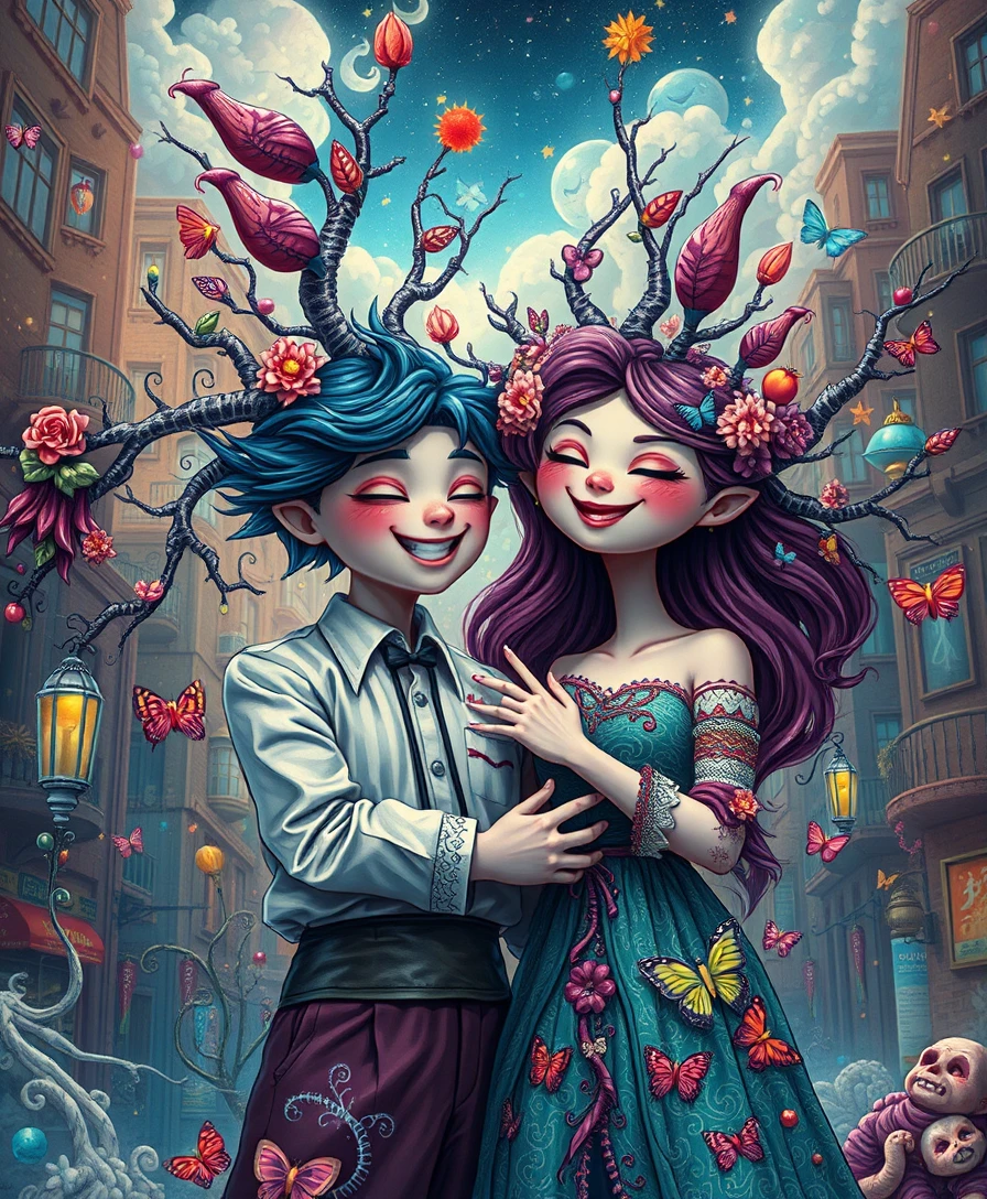 Amantes fantásticos y felices en un paisaje urbano de fantasía surrealista