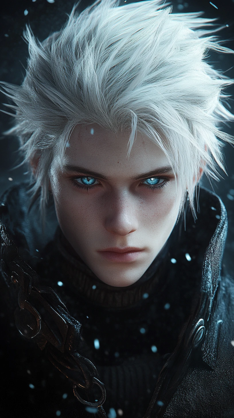 Homem de anime de cabelos brancos com olhos azuis intensos – retrato