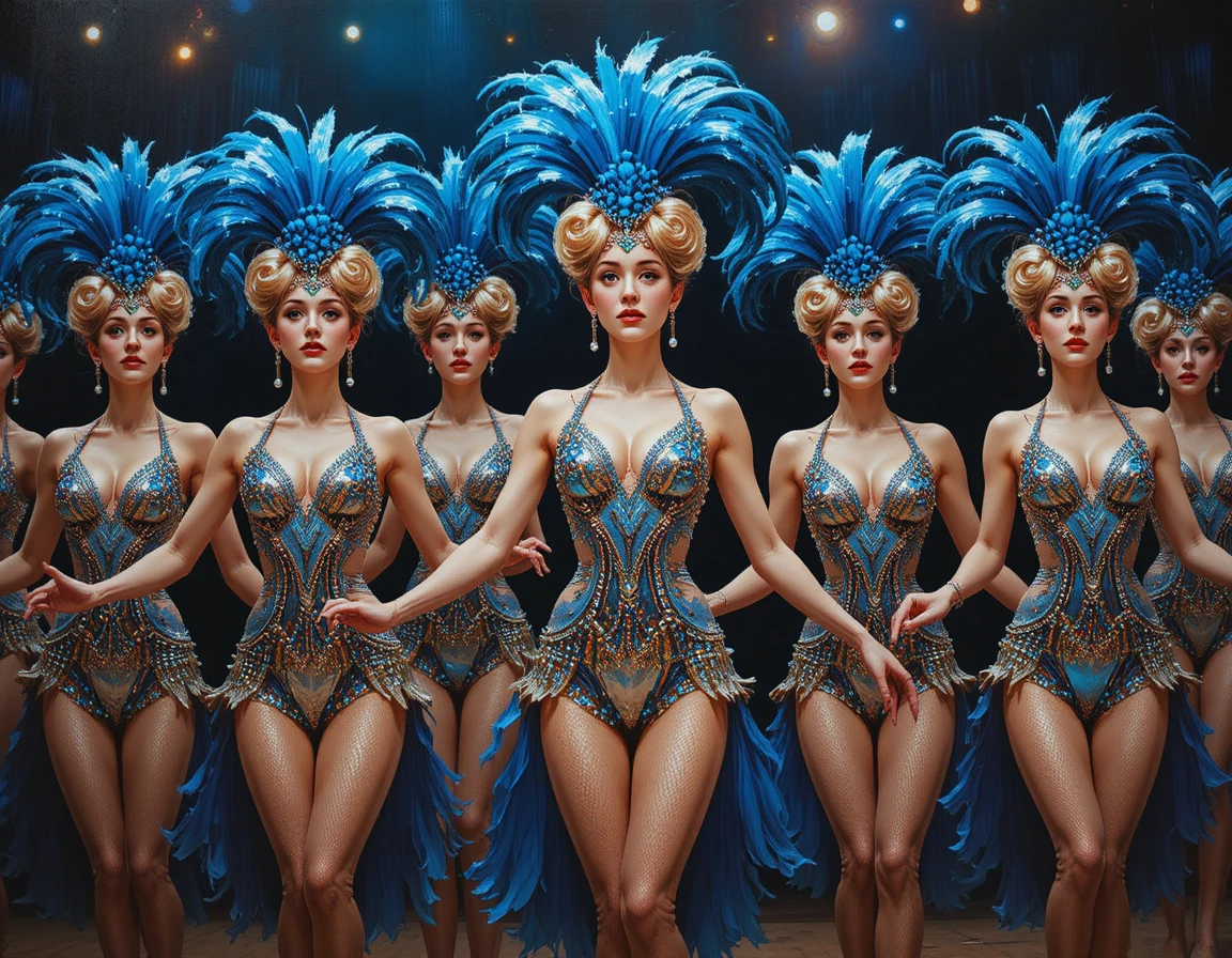 Cabaret dancers in feathered blue and silver stage costumes